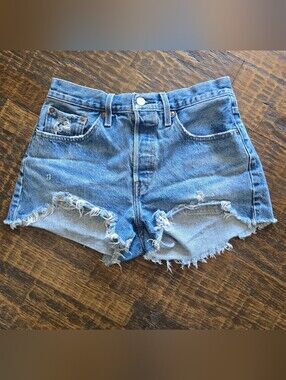 Classic 501 Premium Distressed Denim Shorts -  Blue W28